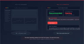 Side-by-side comparison of an engineer-built GEO dashboard showing raw data and confusing metrics versus a marketer-built AI visibility tool showing clear answers, competitor context, and a one-click share button