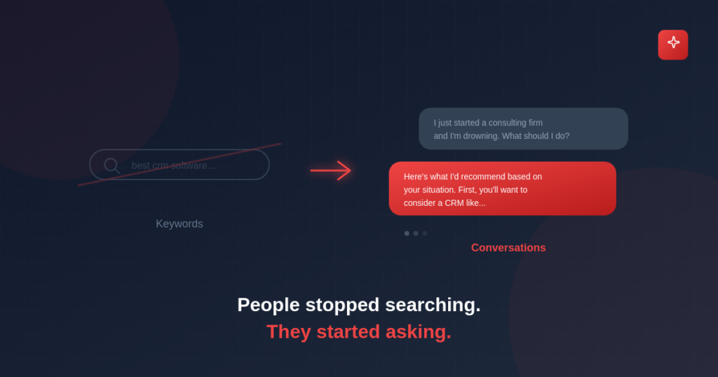 Illustration comparing traditional keyword search to AI conversations - search bar crossed out on left, chat bubbles on right