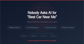 Nobody asks AI for best car near me. Four life moment pills showing "we're having twins," "I just moved to Minnesota," "100k miles and counting," and "retiring and road-tripping," with AI platform logos for ChatGPT, Perplexity, Gemini, and Claude below