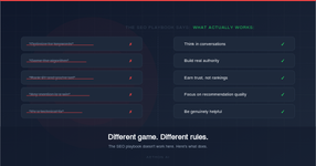 SEO myths crossed out on the left versus what actually works for GEO on the right, showing the shift from keywords and rankings to conversations, trust, and genuine helpfulness