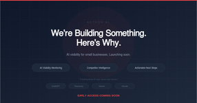 Aethon AI launching soon — AI visibility platform with three feature pills showing AI Visibility Monitoring, Competitor Intelligence, and Actionable Next Steps, tracking across ChatGPT, Perplexity, Gemini, and Claude