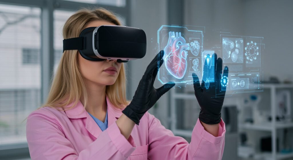 freepik__blonde woman in pink lab coat and vr goggles using__ - Aethon AI