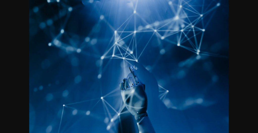 Robot hand touching AI neural network connections representing the state of AI search technology in 2026